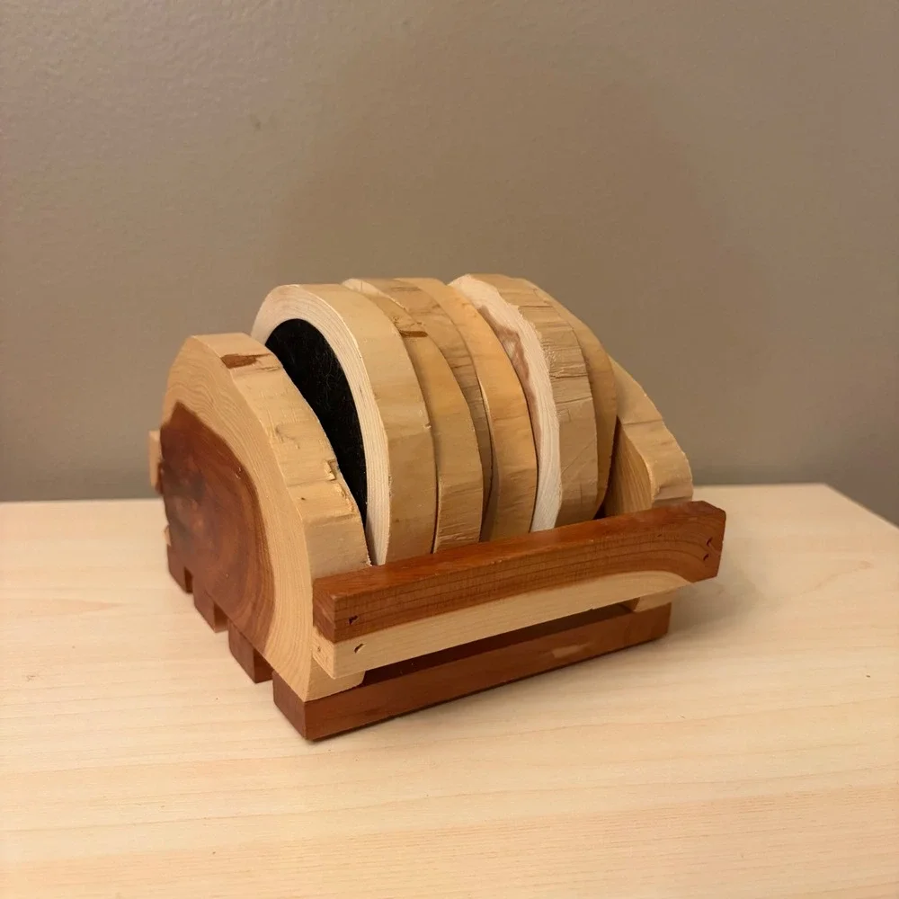 Unique One of a Kind Cedar Wood Coaster Set  Holder Rustic Live Edge‎ Log Slice